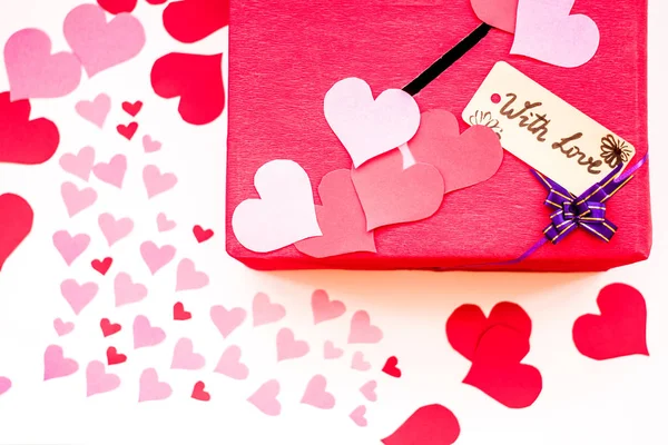 Valentine's day red gift box with a gap for paper valentines — Stock Photo, Image