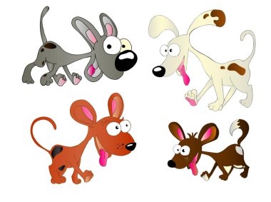 sevimli çizgi köpekler üzerinde beyaz izole deli yüzler vektör ile