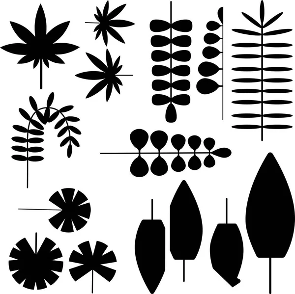 Conjunto de hojas tropicales exóticas silueta vector aislado ilustración estilo plano — Vector de stock