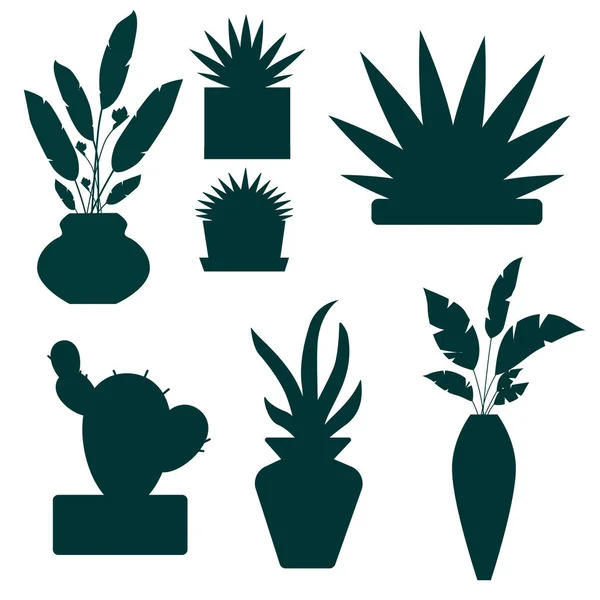 Set van decoratieve kamerplanten en bloemen silhouetten vector illustratie. Pot nep planten geïsoleerd op wit — Stockvector