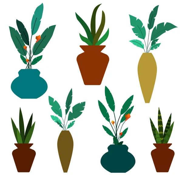 Set van groene decoratieve kamerplanten en bloemen in de vazen vectorillustratie. Pot nep planten geïsoleerd op wit — Stockvector
