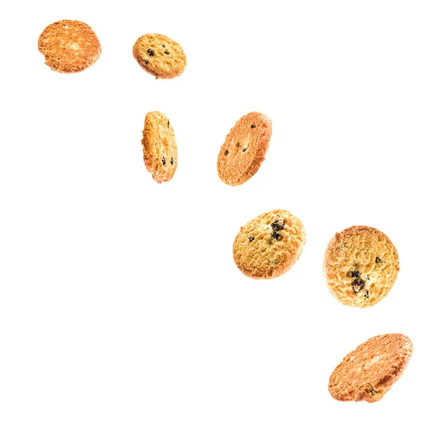 Beyaz arka plan üzerinde izole üzümlü kurabiyeleri kümesi. havada uçan tanımlama bilgileri