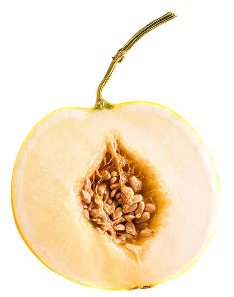 Metade de melão amarelo com sementes isoladas sobre fundo branco — Fotografia de Stock