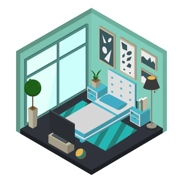 Diseño moderno dormitorio en estilo isométrico. ilustración vectorial plana — Vector de stock