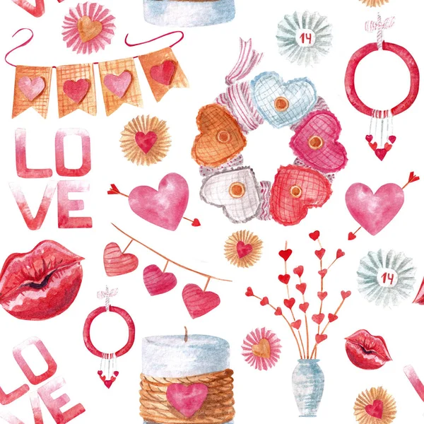 Watercolor seamless pattern romantic elements for Valentines Day on white background — ストック写真