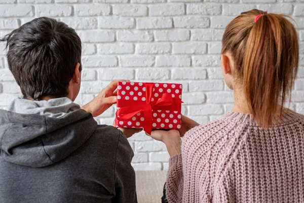 Vista trasera de una joven pareja sosteniendo una caja de regalo roja — Foto de Stock