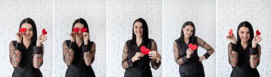 Elinde kırmızı bir kalp tutan güzel bir kadının kolajı.