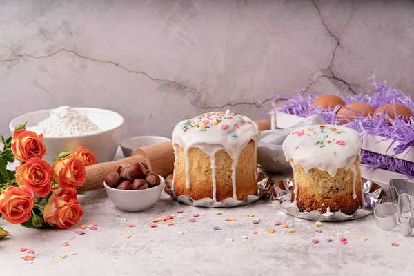 Osterkuchen Zutaten Vorderseite flach legen Kopierraum — Stockfoto