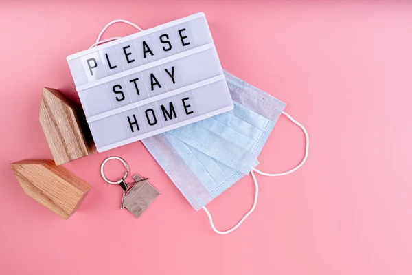 Stay Home Self Quarantine Words Please Stay Home Lightbox Wooden — Stock Photo, Image
