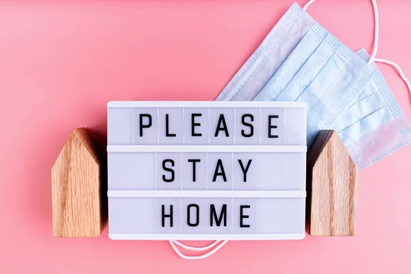 Stay Home Self Quarantine Words Please Stay Home Lightbox Wooden — Stock Photo, Image