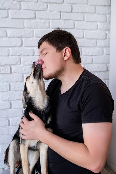 Joven hombre divertido besando a su perro mestizo en casa — Foto de Stock