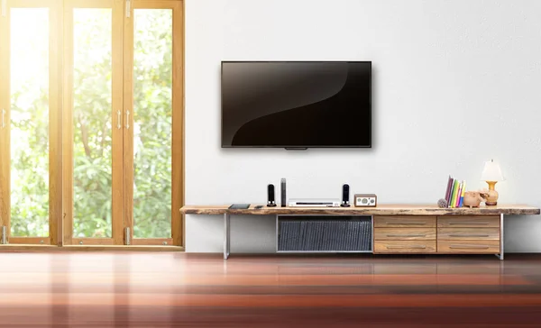 Tv on white wall empty living room interior