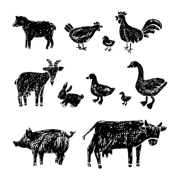 Animales de granja tirados a mano . — Vector de stock