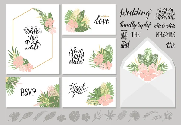 Wedding invitations templates with tropical leaves — Stock Vector