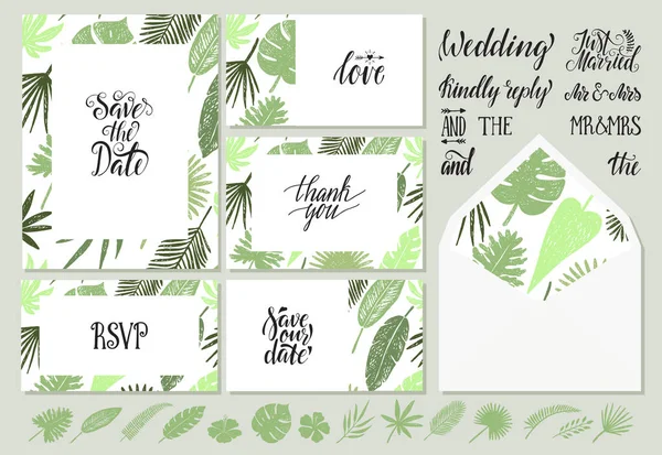 Wedding invitations templates with tropical leaves — Stock Vector