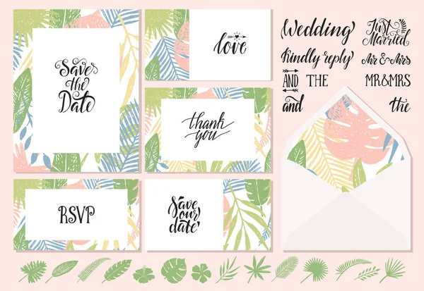 Modelli di inviti di nozze con foglie tropicali — Vettoriale Stock