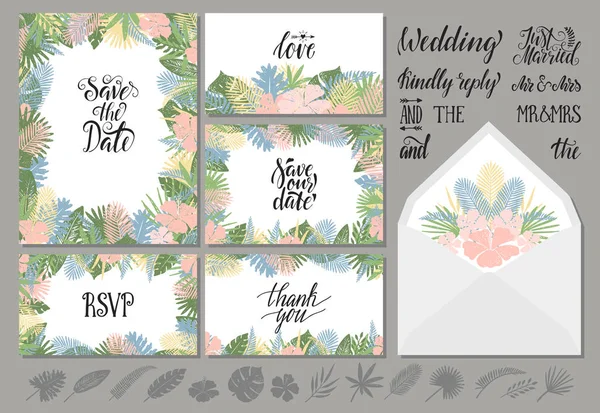 Весільні запрошення шаблони з тропічним листям — стоковий вектор