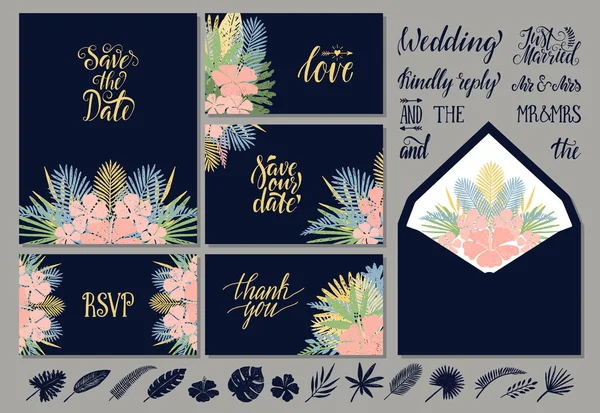 Wedding invitations templates with tropical leaves — Stock Vector