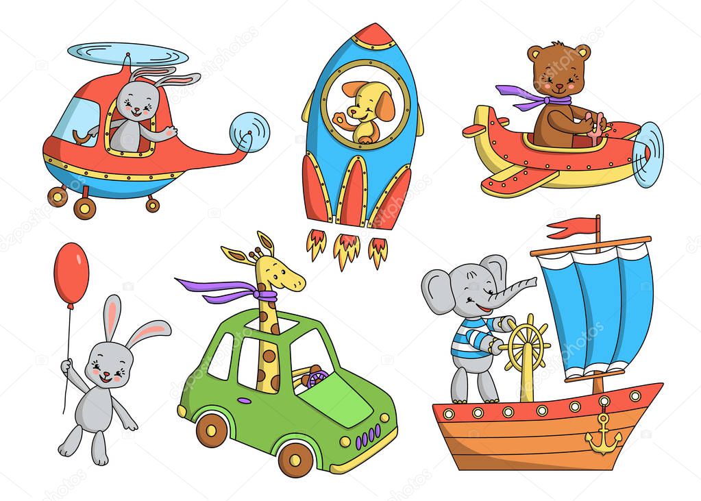 Set of cute animals and transport.
