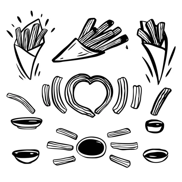 Set de churros con salsa de chocolate . — Vector de stock