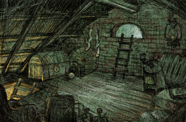 Eski tavan arası. Atmosferik dijital çizim. Karanlık, kasvetli tavan arasında bir sürü eski eşya, çöp ve gölgeler var. Çatıdaki pencereye tahta bir merdiven bağlanmış..