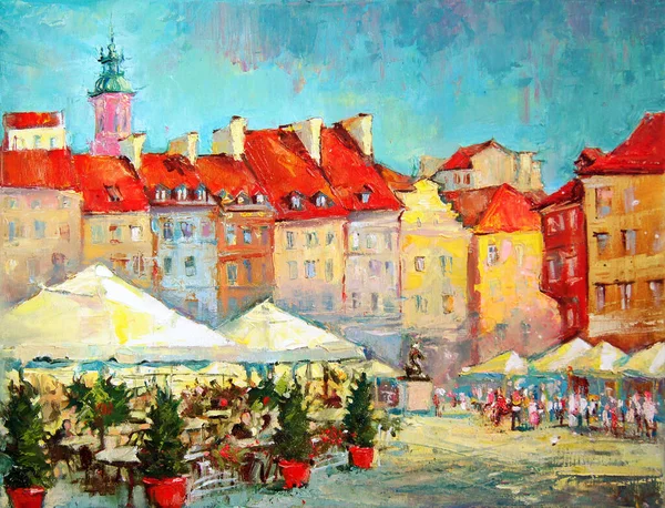 华沙波兰 老市场广场明亮 饱满的油画以印象派风格描绘了城市景观 浓密而富有表现力的绘画 帆布质感 — 图库照片