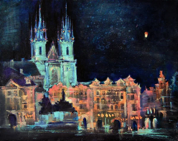 Éjt Prága Tyn Church Vagyok Óváros Tér Fényes Telített Olaj — Stock Fotó