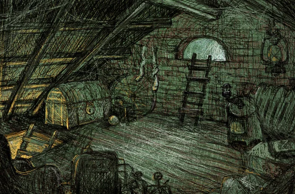 Old attic. Atmospheric digital sketch. Dark gloomy attic with lots of old objects, trash and shadows. A wooden ladder is attached to the window on the roof.