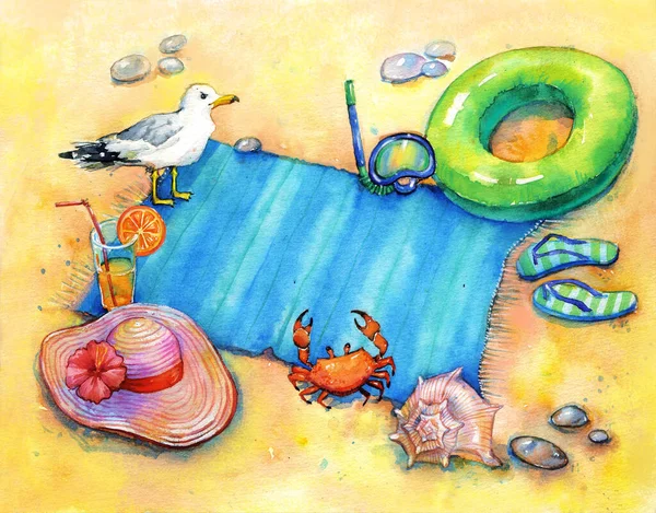 Summer background. Bright hand-painted watercolor card with a beach scene: blue towel, hat, rubber ring, slippers, seagull, crab, diving mask, shell and a soft drink. Frame design with place for text.