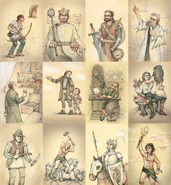 Erkek prototipleri. Teknoloji arka planında eski kağıt kartlara renkli mürekkeple çizilmiş erkek karakterler. Psikolojik çalışma için mecazi çağrışımlı kartlar.