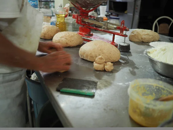 Man Rolling Buns Raw Dough Sweet Bread Making Process Local — Stock Photo, Image