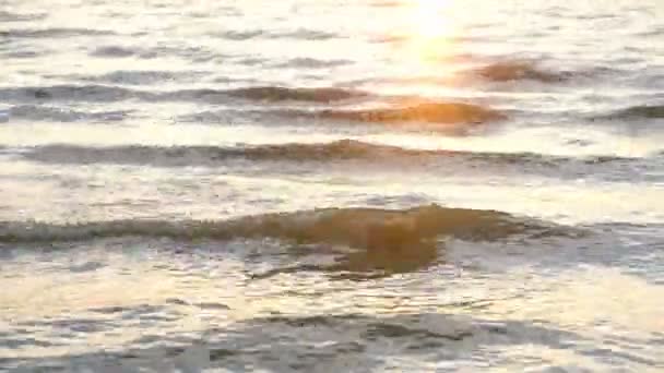 Nära stranden med solnedgången reflekteras på yta. — Stockvideo