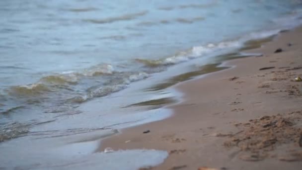 Gros plan du surf avec des vagues de mer molles se précipitant sur la plage de sable fin au coucher du soleil avec reflet du soleil — Video
