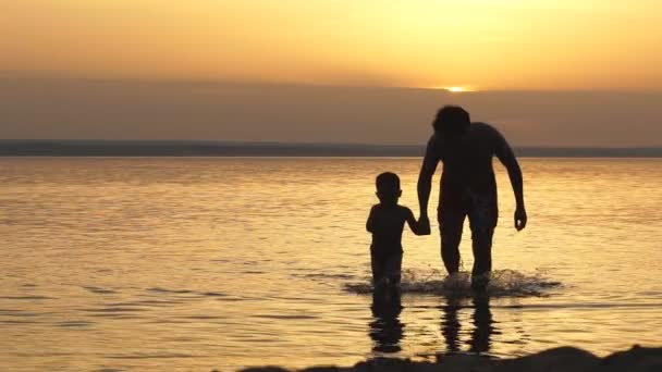 Pai e filho segurando as mãos caminhando juntos na praia ao pôr do sol — Vídeo de Stock