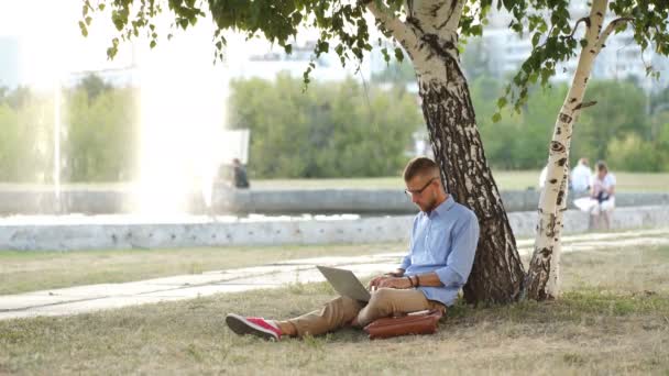 Όμορφος hipster χρησιμοποιώντας φορητό υπολογιστή στο πάρκο σε μια ημέρα καλοκαίρια — Αρχείο Βίντεο