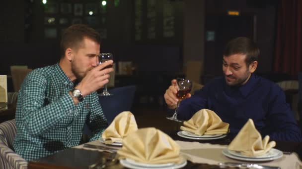 Двое мужчин за бизнес-ужином, пьют вино — стоковое видео