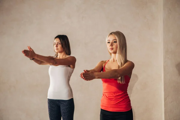 yoga dersleri, el ele tutusun üzerinde iki genç kadın