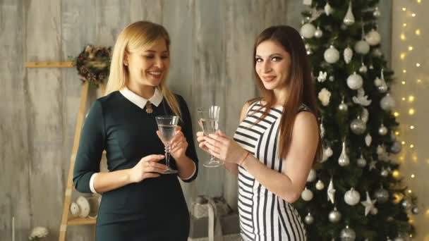 Två vackra flickor dricka champagne innan jul — Stockvideo