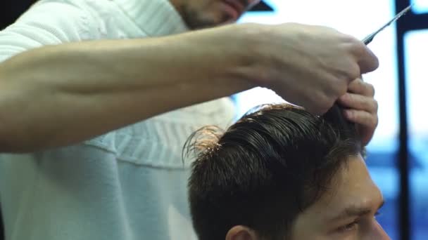 Young bearded man getting haircut by hairdresser while sitting in chair at barbershop — Stock Video