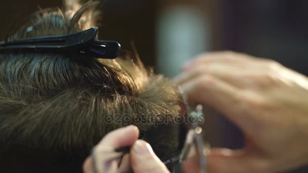 Mestre corta cabelo e barba de homens na barbearia, cabeleireiro faz penteado para um jovem — Vídeo de Stock