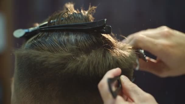 Master nedskärningar hår och skägg av män i barbershop, frisören gör frisyr för en ung man — Stockvideo