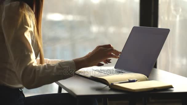 Close-up of busy female hand typing on keyboard while sitting at her working place in the office — Stock Video