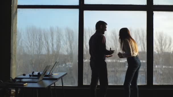 Silhouettes d'hommes d'affaires debout contre la fenêtre panoramique du bureau — Video