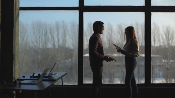 Biznesmeni sylwetki stojące przed urząd panoramiczne okna — Wideo stockowe