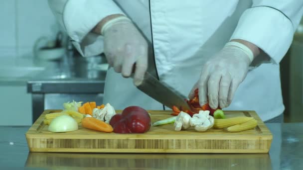 料理のための新鮮でおいしい野菜を切るシェフ — ストック動画