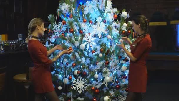 Two friends decorating a Christmas tree — Stock Video