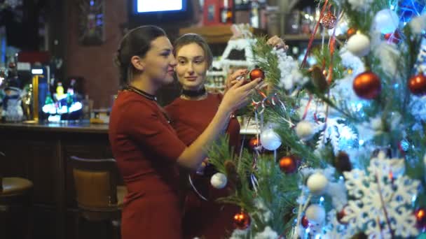 Zwei Freunde schmücken einen Weihnachtsbaum — Stockvideo