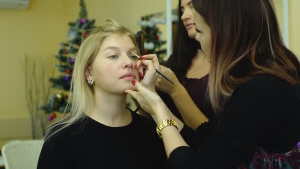 Wizażystka, tworząc piękny makijaż dla Blondynki modelu — Wideo stockowe