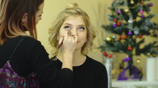 Joven hermosa mujer aplicando maquillaje por maquillador — Vídeos de Stock