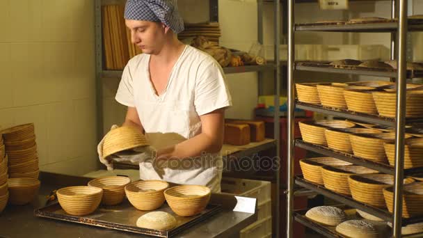Frisch gebackenes rustikales braunes Brot auf Ofenform — Stockvideo